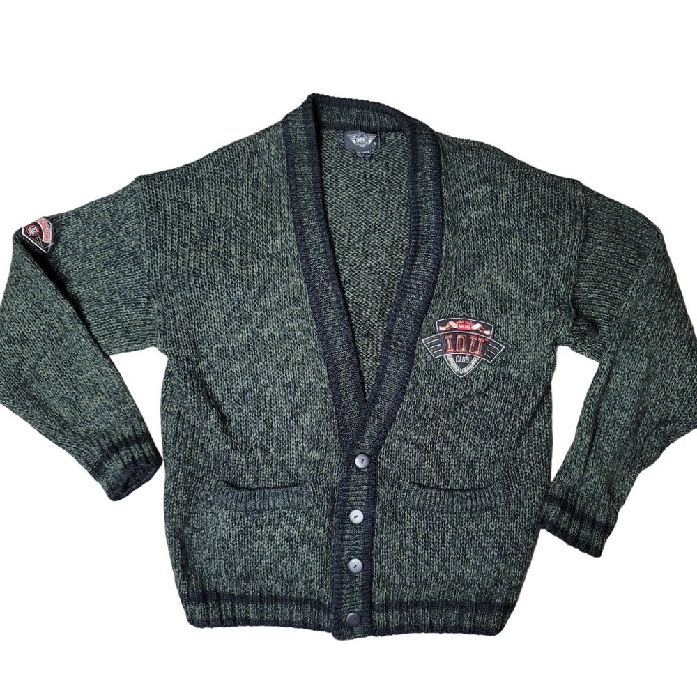 Vintage Mens IOU marl black legendary premier edition cardigan sweater size Larg